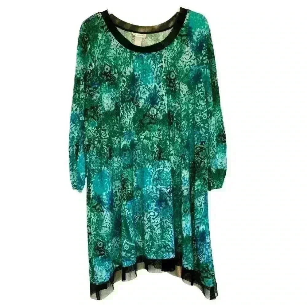Catherines Tunic 2X Scoop Neck 3/4 Sleeve Handkerchief Hem Lagenlook Artsy Boho